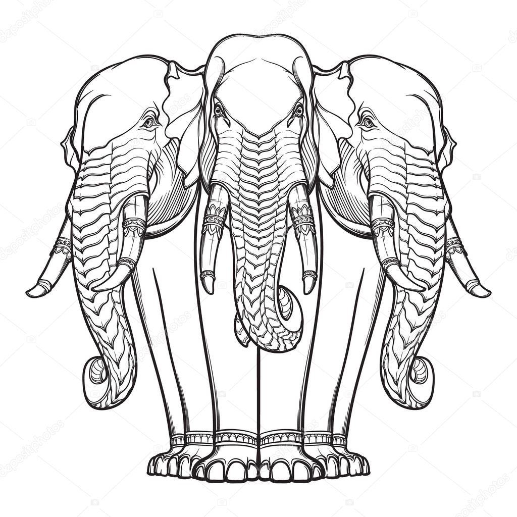 Statue of three elephants. Popular motiff in Asian arts and crafts. Intricate hand drawing isolated on white background. Tattoo design.