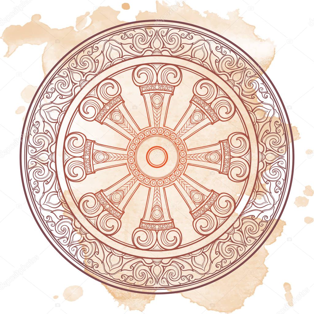 Dharma Wheel, Dharmachakra. Symbol of Buddhas teachings on the path to enlightenment, liberation from the karmic rebirth in samsara. Tattoo design. Textured background.