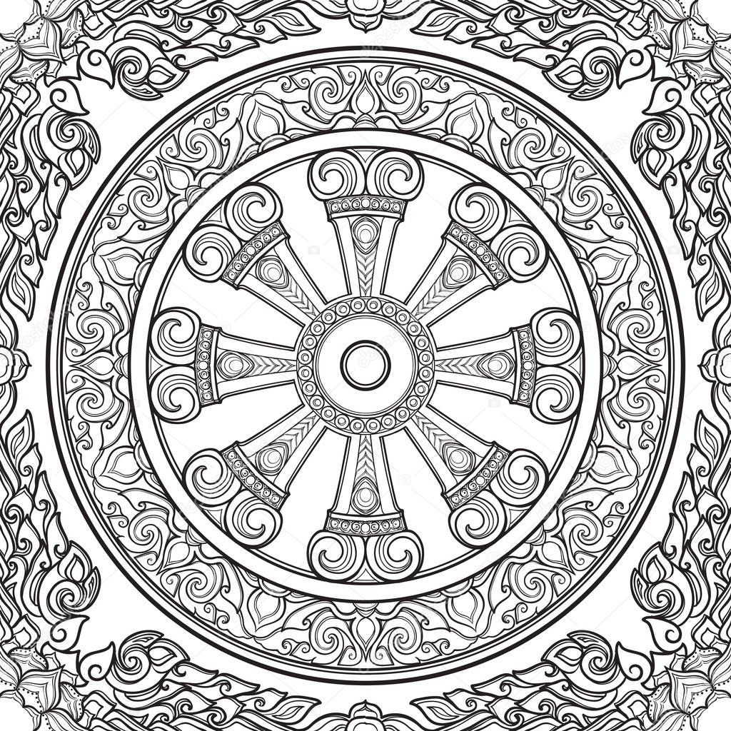 Dharma Wheel, Dharmachakra. Symbol of Buddhas teachings on the path to enlightenment, liberation from the karmic rebirth in samsara. Seamless pattern.