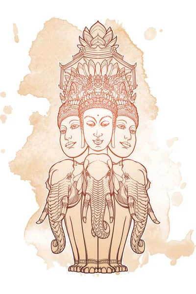 Statue repræsenterer Trimurti Trinity af hinduistiske guder Brahma, Vishnu og Shiva, sidder på tre elefanter. Indviklede hånd tegning isoleret på tekstureret baggrund. Tattoo design . – Stock-vektor