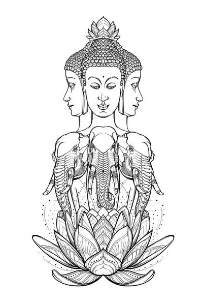 Trimurti - Hindu istenek, Brahma, Visnu és Siva, a három elefánt ül Szentháromság szobrot. Bonyolult kézi rajz elszigetelt fehér background. — Stock Vector