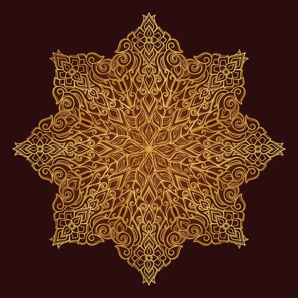 Motif décoratif populaire en Asie du Sud-Est. Ornement complexe en forme d'étoile. Dessin manuel. Mandala doré Isolé sur fond noir . — Image vectorielle