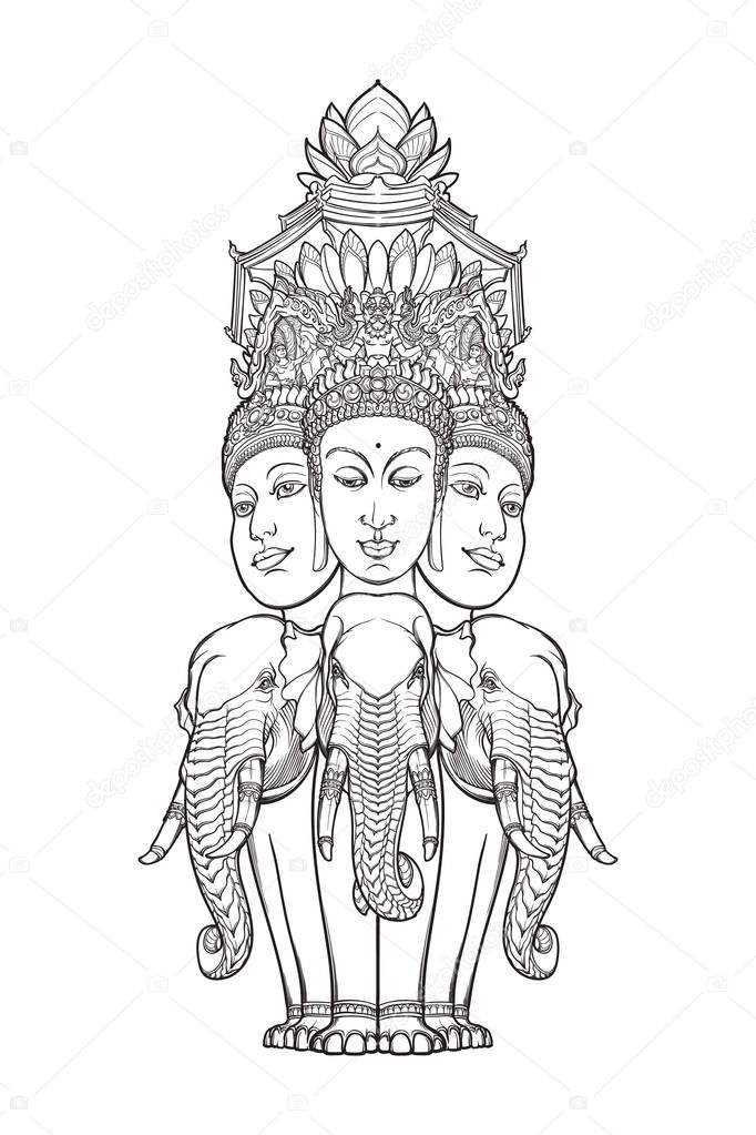 Statue representing Trimurti - trinity of Hindu gods Brahma, Vishnu and Shiva, sitting on three elephants. Intricate hand drawing isolated on white background.