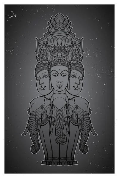 Rzeźba przedstawiająca Trimurti - Trójcy bogów hinduizmu, Brahma, Wisznu i Sziwa, siedząc na trzy słonie. Rysowanie skomplikowanych ręcznie na białym tle. — Wektor stockowy