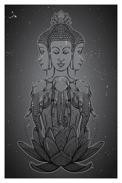 Estátua representando Trimurti trindade dos deuses hindus Brahma, Vishnu e Shiva, sentado em três elefantes. Desenho de mão intrincado isolado em fundo texturizado. Desenho de tatuagem . — Vetor de Stock