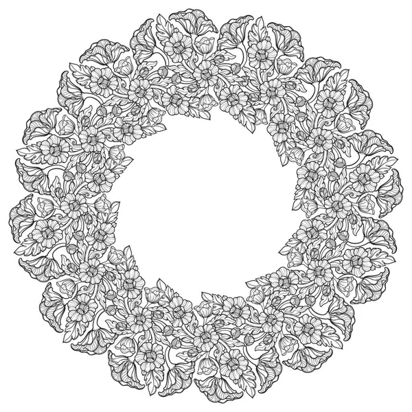 Flores de loto dispuestas en intrincado marco circular. Motivo decorativo popular en el sudeste asiático. Diseño de tatuaje . — Archivo Imágenes Vectoriales