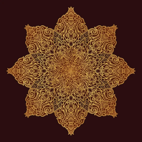 Populär dekorativa motiv i östra Sydasien. Intrikata stjärna formad prydnad. Hand ritning. Gyllene mandala isolerade på svart bakgrund. — Stock vektor