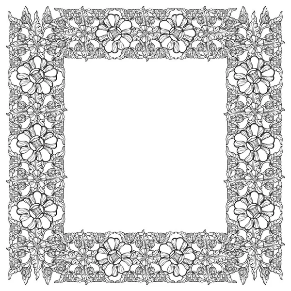 Lotus flowers arranged in intricate square frame. Popular decorative motif in South-Eastern Asia. Tattoo design. Linear drawing isolated on white background. — Stock Vector