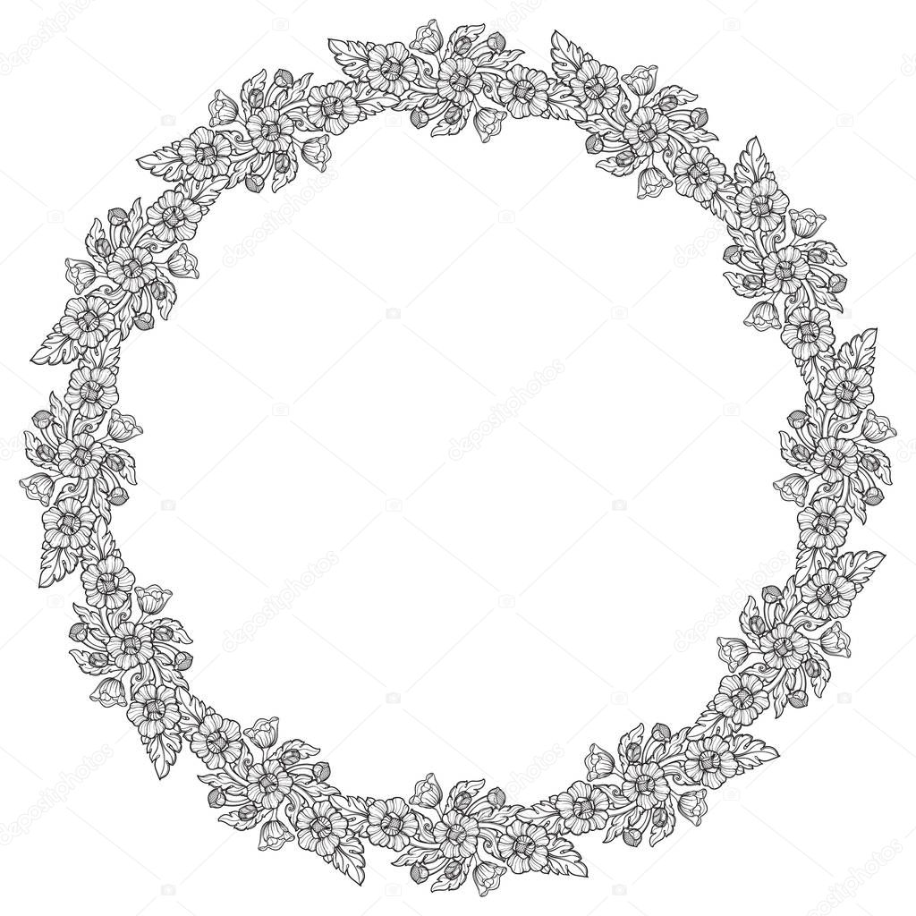 Lotus flowers arranged in intricate circular frame. Popular decorative motif in South-Eastern Asia. Tattoo design.