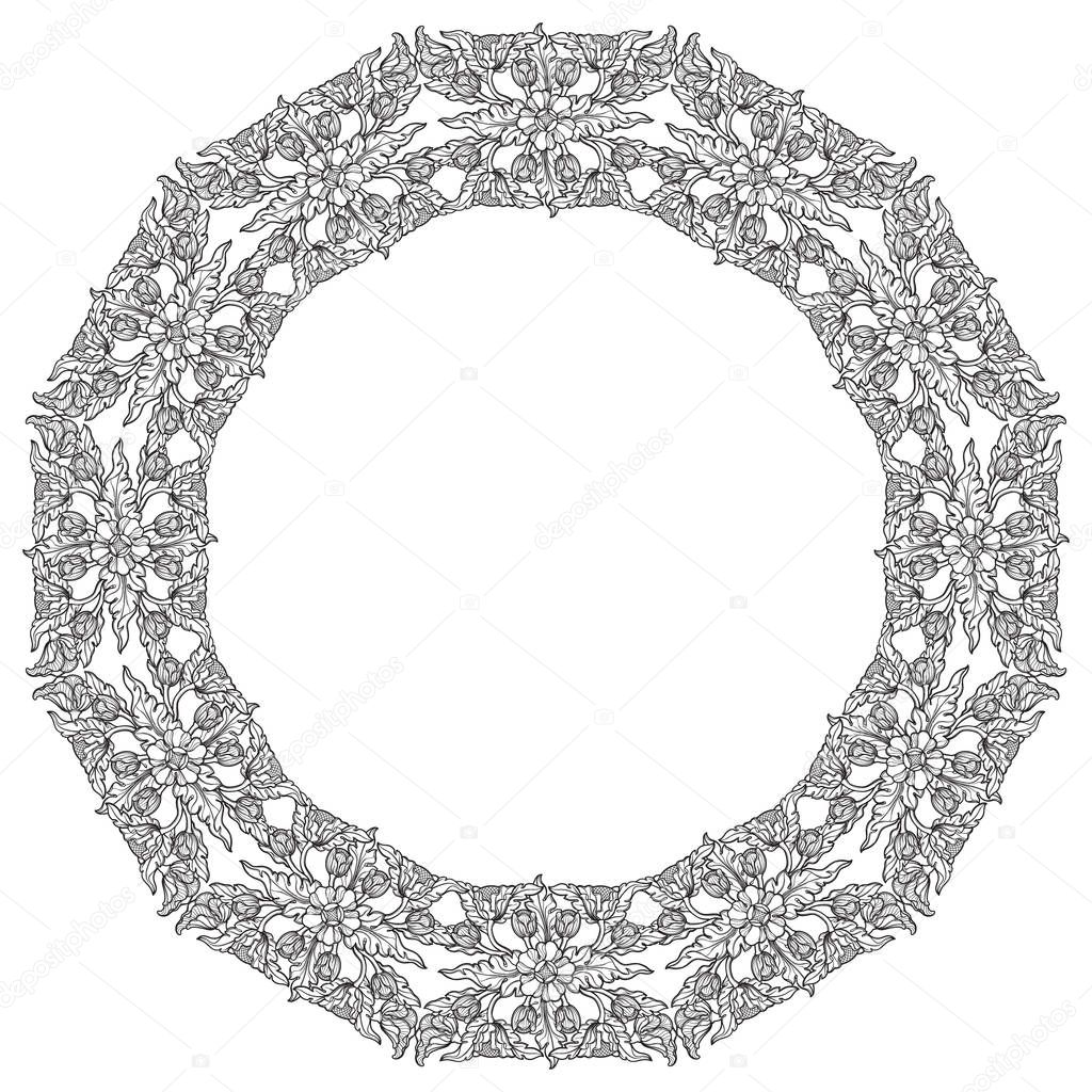 Lotus flowers arranged in intricate circular frame. Popular decorative motif in South-Eastern Asia. Tattoo design.