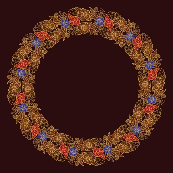 Flores de loto dispuestas en intrincado marco circular. Motivo decorativo popular en el sudeste asiático. Diseño de tatuaje. Dibujo lineal dorado de lujo sobre un fondo marrón oscuro . — Vector de stock