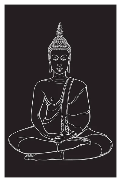 Budda siedzący i medytacji w jednej pozycji lotosu. Rysowanie skomplikowanych ręcznie na białym na czarnym tle. Wzór tatuażu. — Wektor stockowy