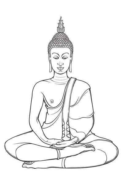 Statua del Buddha seduto che medita nella singola posizione del loto. Disegno a mano intricato isolato su sfondo bianco. Design del tatuaggio . — Vettoriale Stock