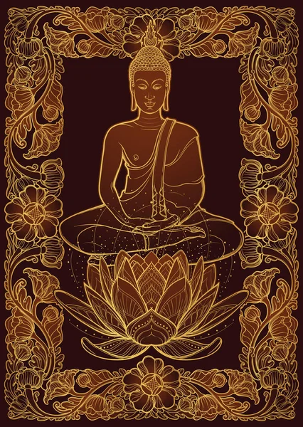 Budda siedzący na kwiat lotosu i medytacji w jednej pozycji lotosu. Ramy dekoracyjne prostokątne tajskim stylu. Złote rysunek liniowy na białym tle na ciemnym tle brązowy — Wektor stockowy