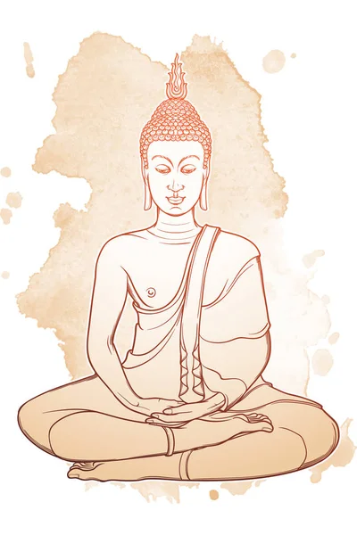 Estatua de Buda sentado meditando en la única posición de loto. Dibujo a mano intrincado aislado sobre fondo texturizado grunge. Diseño de tatuaje — Vector de stock