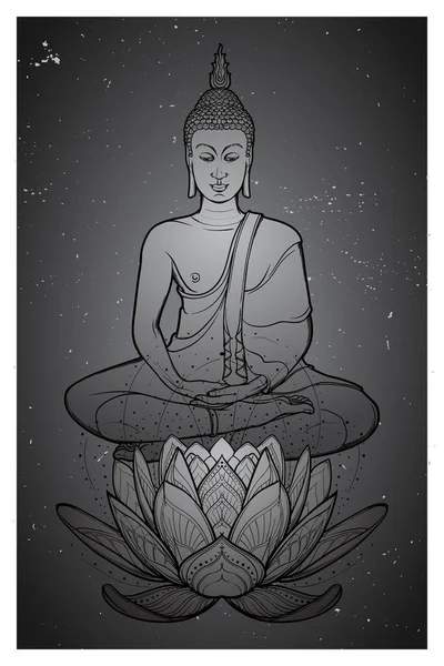 Bouddha assis sur une fleur de lotus et méditant dans la position unique de lotus. Dessin à la main complexe isolé sur fond blanc. Conception de tatouage . — Image vectorielle