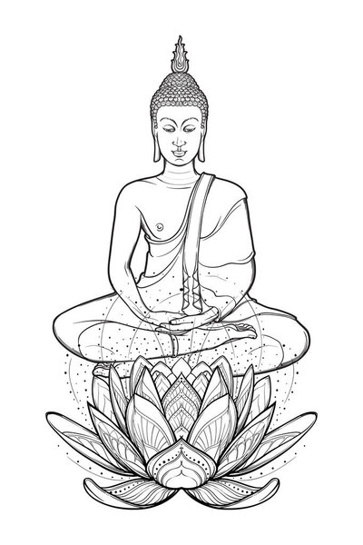 Buddha sitting on a Lotus flower and meditating in the single lotus position. Intricate hand drawing isolated on white background. Tattoo design.