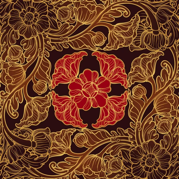 Stylized exotic flowers. Traditionaln South Eastern Asia ornament. Popular in Buddha temples decoration. vertical rhythm. Golden linear drawing on brown with red flowers