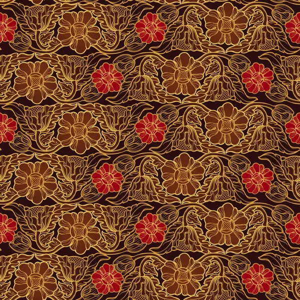 Stylized exotic flowers. Traditionaln South Eastern Asia ornament. Popular in Buddha temples decoration. Horizontal rhythm. Golden linear drawing on brown with red flowers.