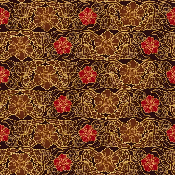 Flores exóticas estilizadas. Traditionaln ornamento del sudeste asiático. Popular en la decoración de templos de Buda. Ritmo horizontal. Dibujo lineal dorado sobre marrón con flores rojas . — Vector de stock