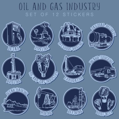 Oil and Gas infographic set. 12 sketch style pictograms with explaining signs represent various sectors of the petroleum industry. clipart