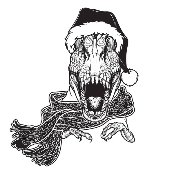 Rugiendo T-Rex en Santa Clouses sombrero y bufanda. Impresión de ropa de Navidad o diseño de pegatina. Blanco y negro — Vector de stock