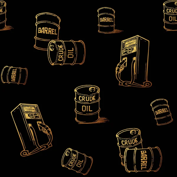 Транспортировка нефти и газа. Бочки и розничный бензоколонок. Золото на черном. Бесшовный рисунок — стоковый вектор