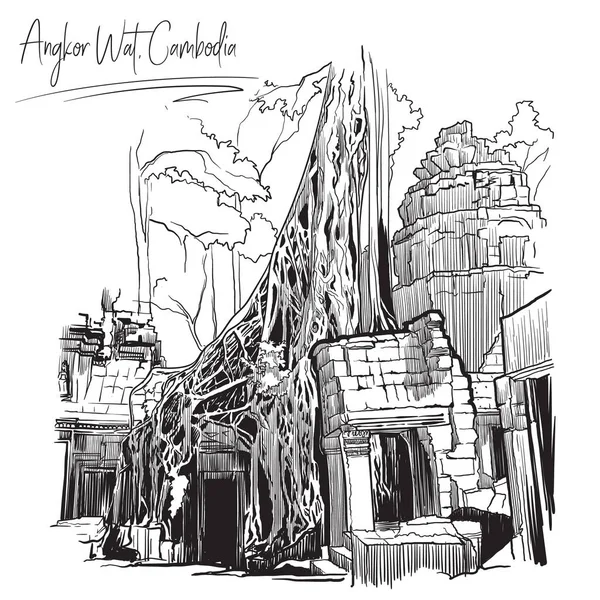 Ruins of the ancient temple, destroyed by the tree rootsAngkor Wat, Cambodia. Linear sketch on a white background. — 스톡 벡터