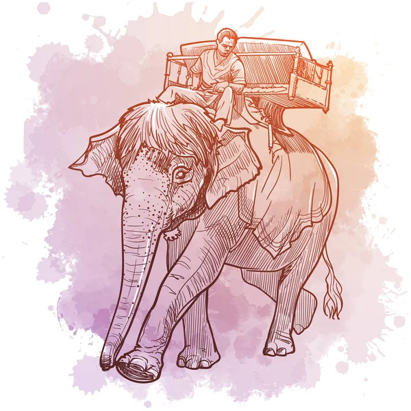 Chovatel slonů nebo mahout na indickém slonovi v Angkor Wat, Kambodža. — Stockový vektor