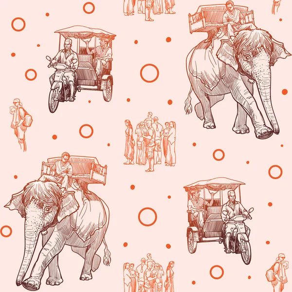 Moyens de transport asiatiques. Éléphants, tuk-tuk et piétons, Esquisse linéaire motif sans couture . — Image vectorielle