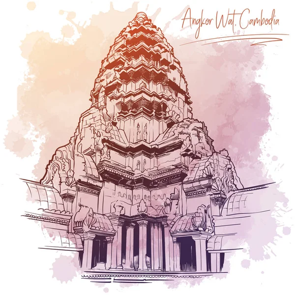 Herzstück des angkor wat Tempels. lineare Zeichnung isoliert auf einem Grunge-Aquarell — Stockvektor