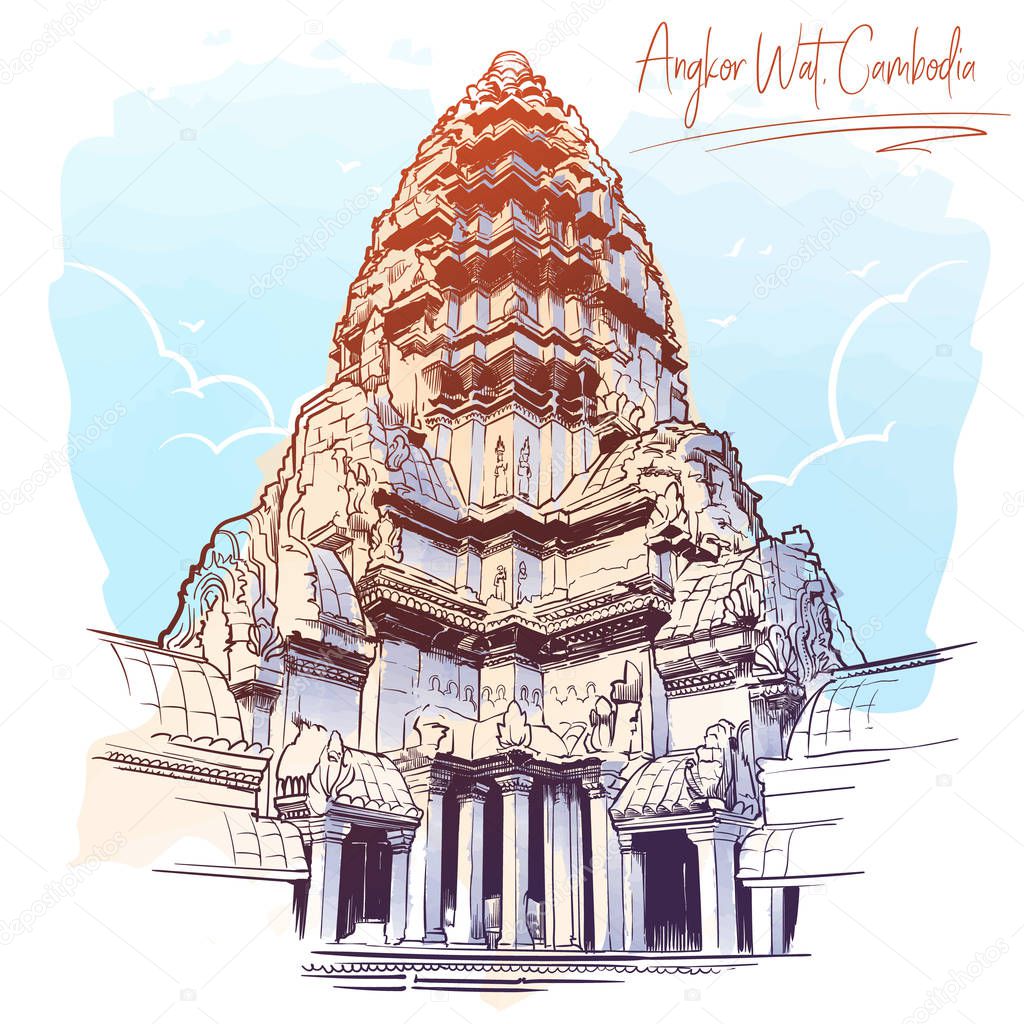 Centerpiece of the Angkor Wat temple. Painted sketch.