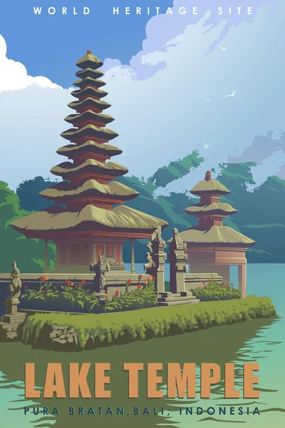 Pura Ulun Danu Bratan, ou Templo do Lago Bali dedicado à deusa do rio Dewi Danu. Cartaz de viagem vintage . — Vetor de Stock