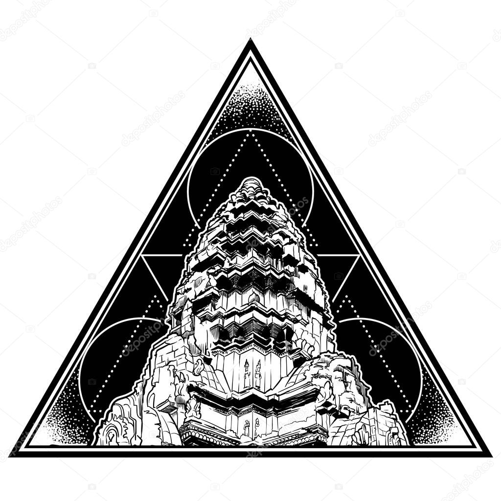 Centerpiece of the Angkor Wat temple. Triangular shape logo isolated on white background