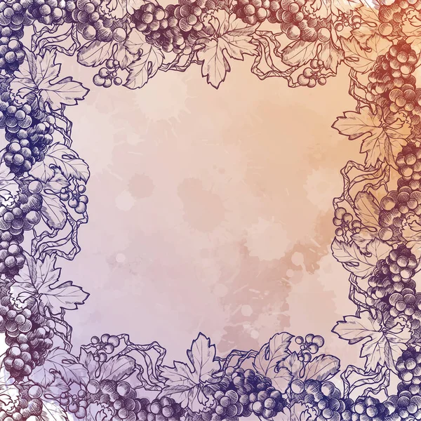 Grapes clusters with leaves. Decorative rectangular frame. Linear drawing isolated on watercolor textured background. — 스톡 벡터