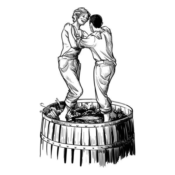 Uvas prensadas por granjeros descalzos. boceto en blanco y negro — Archivo Imágenes Vectoriales