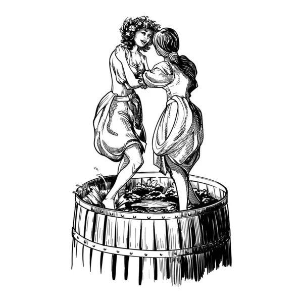 Winogrona tłoczące przez bosych farmerów dziewcząt.. czarny i biały szkic — Wektor stockowy
