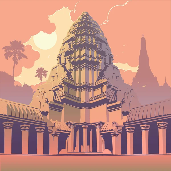 Centerpiece of the Angkor Wat temple complex in Cambodia. Sunset panorama. Vintage poster. EPS10 vector illustration — Stock Vector