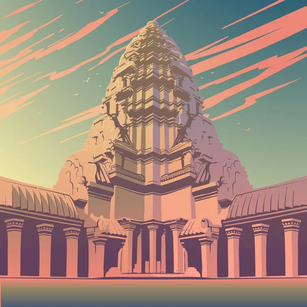 Pieza central del complejo de templos Angkor Wat en Camboya. Panorama del atardecer. Cartel vintage. Ilustración vectorial EPS10 — Vector de stock