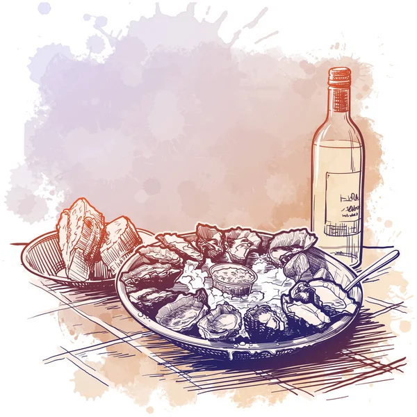 Oesters geserveerd op ijs met een fles witte wijn en vers brood. Sjabloon voor het menu of merch. Lineaire schets op een waterkleur textuur achtergrond. — Stockvector