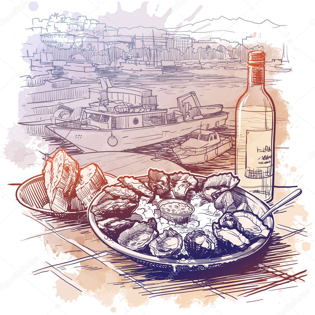 Oysters served on ice with a bottle of white wine and fresh bread. Panorama of the marina with boats on a background. Linear sketch on a watercolor textured background