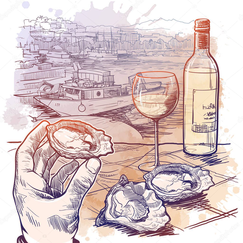 Still life drawing witha a hand holding oyster a bottle of white wine and a couple of oysters laying on a table. Panorama of La Spezia, Italy. Sketch on a watercolor textured background.