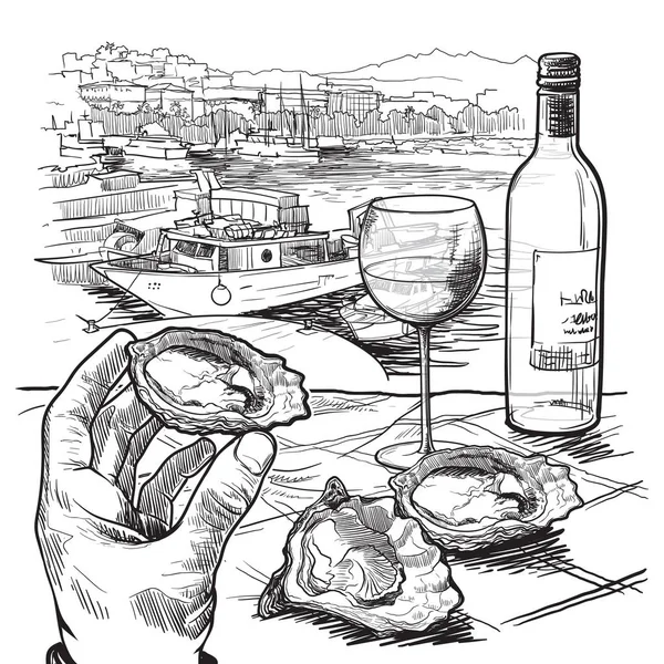 Still life drawing witha a hand holding oyster a bottle of white wine and a couple of oysters laying on a table. Panorama of La Spezia, Italy. Linear sketch isolated on white background — Stockvektor