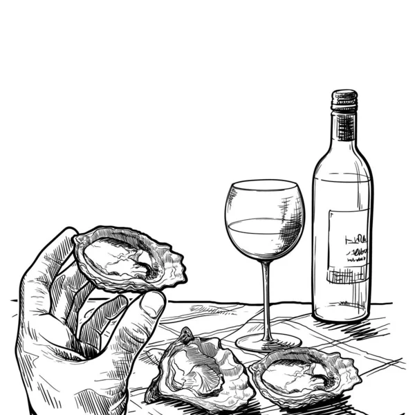 Still life drawing witha a hand holding oyster a bottle of white wine and a couple of oysters laying on a table. Blank for the restaurant menu. Linear sketch isolated on white background — Stockvector