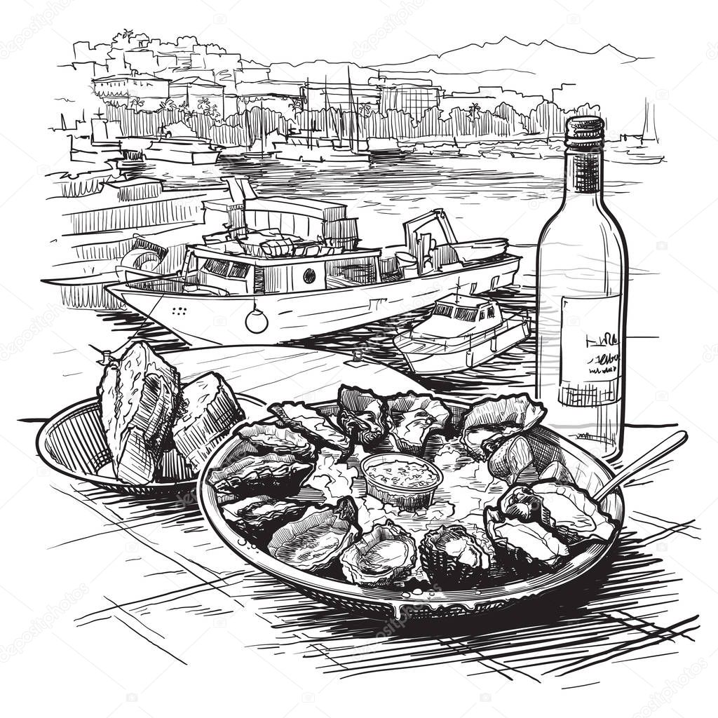 Oysters served on ice with a bottle of white wine and fresh bread. Panorama of the marina with boats on a background. Linear sketch isolated on white background
