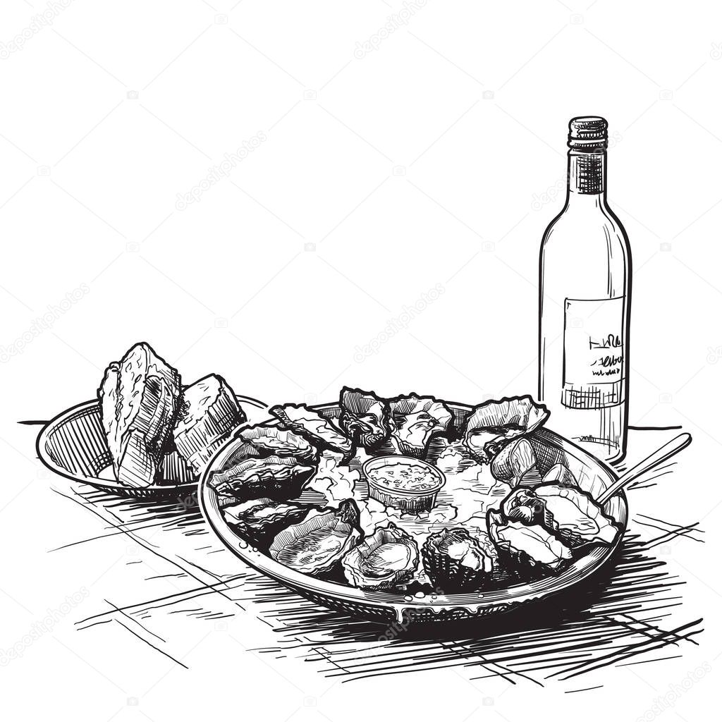 Oysters served on ice with a bottle of white wine and fresh bread. Template for the menu or merch . Linear sketch isolated on white background