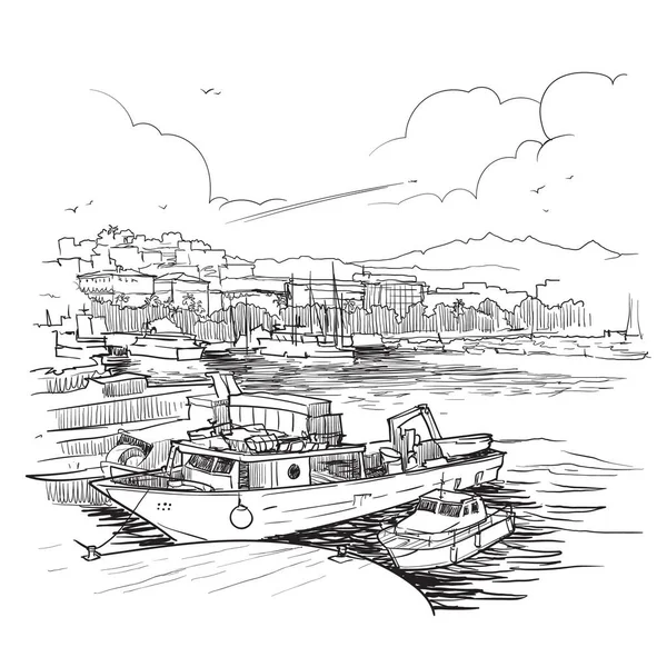 Panorama van de jachthaven met vissersboten. La Spezia, Liguria, Italië. Vintage ontwerp — Stockvector