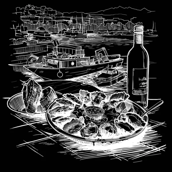Oysters served on ice with a bottle of white wine and fresh bread. Panorama of the marina with boats on a background. Chalk on a blackboard.