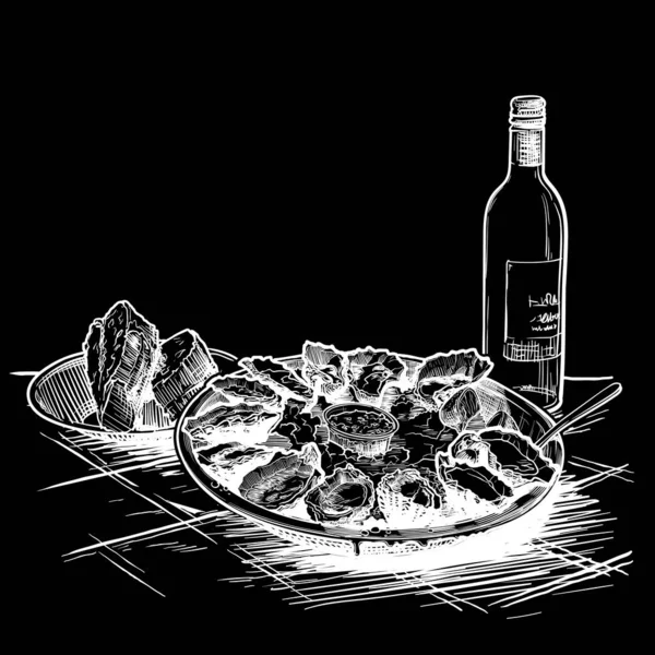 Устрицы подаются на льду с бутылкой белого вина и свежим хлебом. Template for the menu or merch. Мел на доске . — стоковый вектор