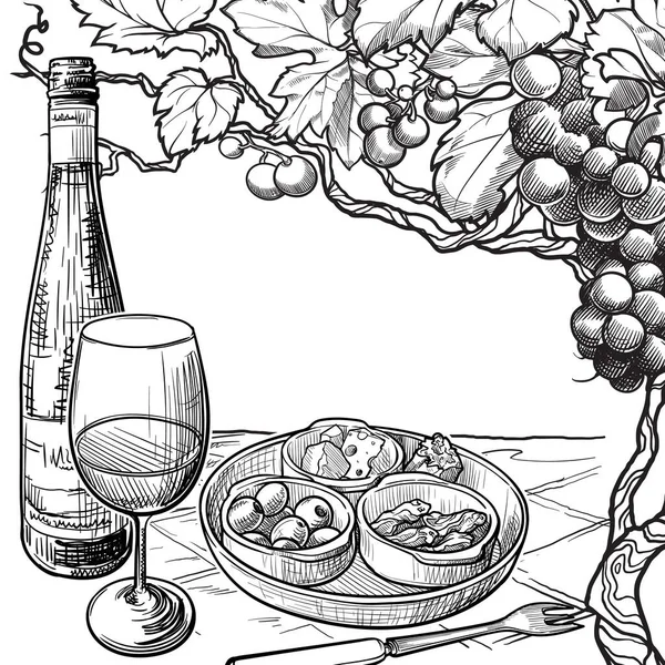 Desenho de vida. Uma mesa de café servida para degustação de vinhos com uma garrafa de vinho e lanches. Modelo para um menu de restaurante . — Vetor de Stock
